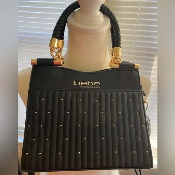 BEBE LOS ANGELES Aliyah Stud Shopper Medium Black with Gold Hardware Crossbody - Picture 1 of 5